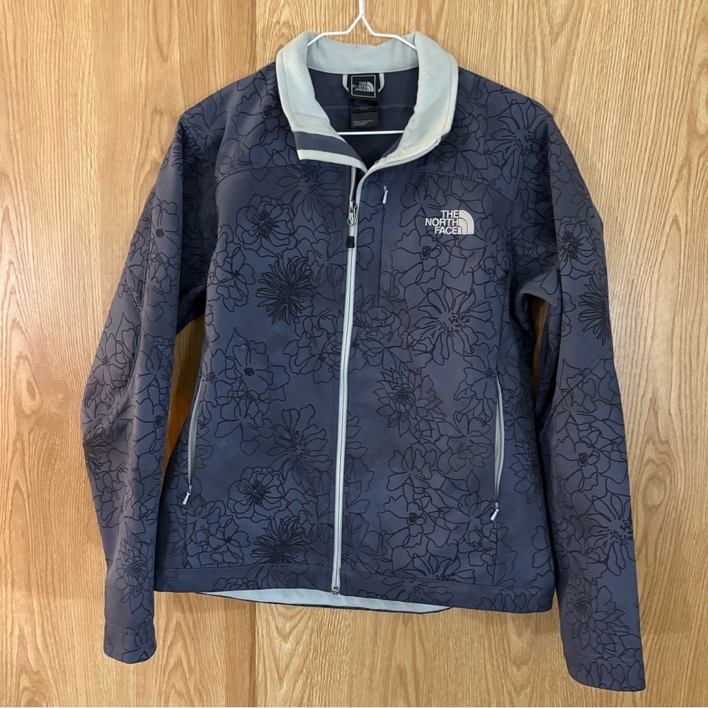 The North Face Water Repellent Fleece Lined Floral Print Logo Blue/ Gray Jacket